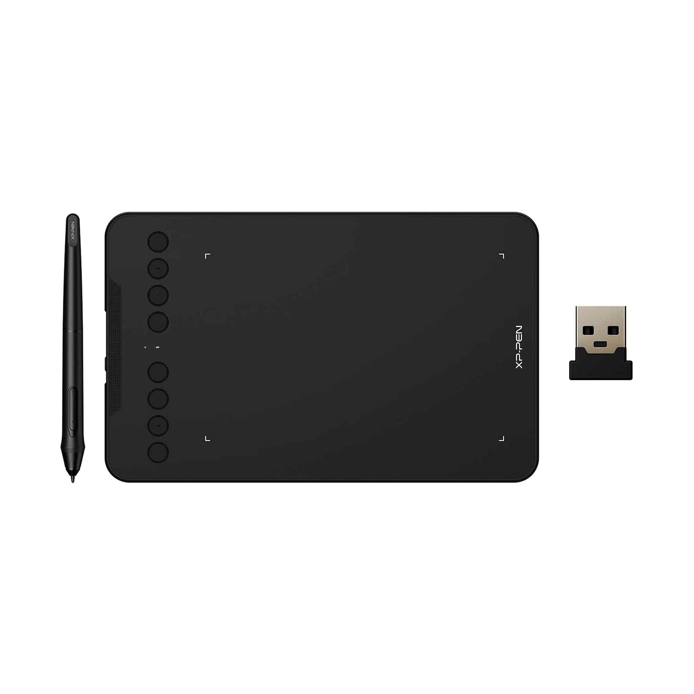 Vista dall'alto di una tavoletta grafica XP-PEN nera con penna e ricevitore USB.