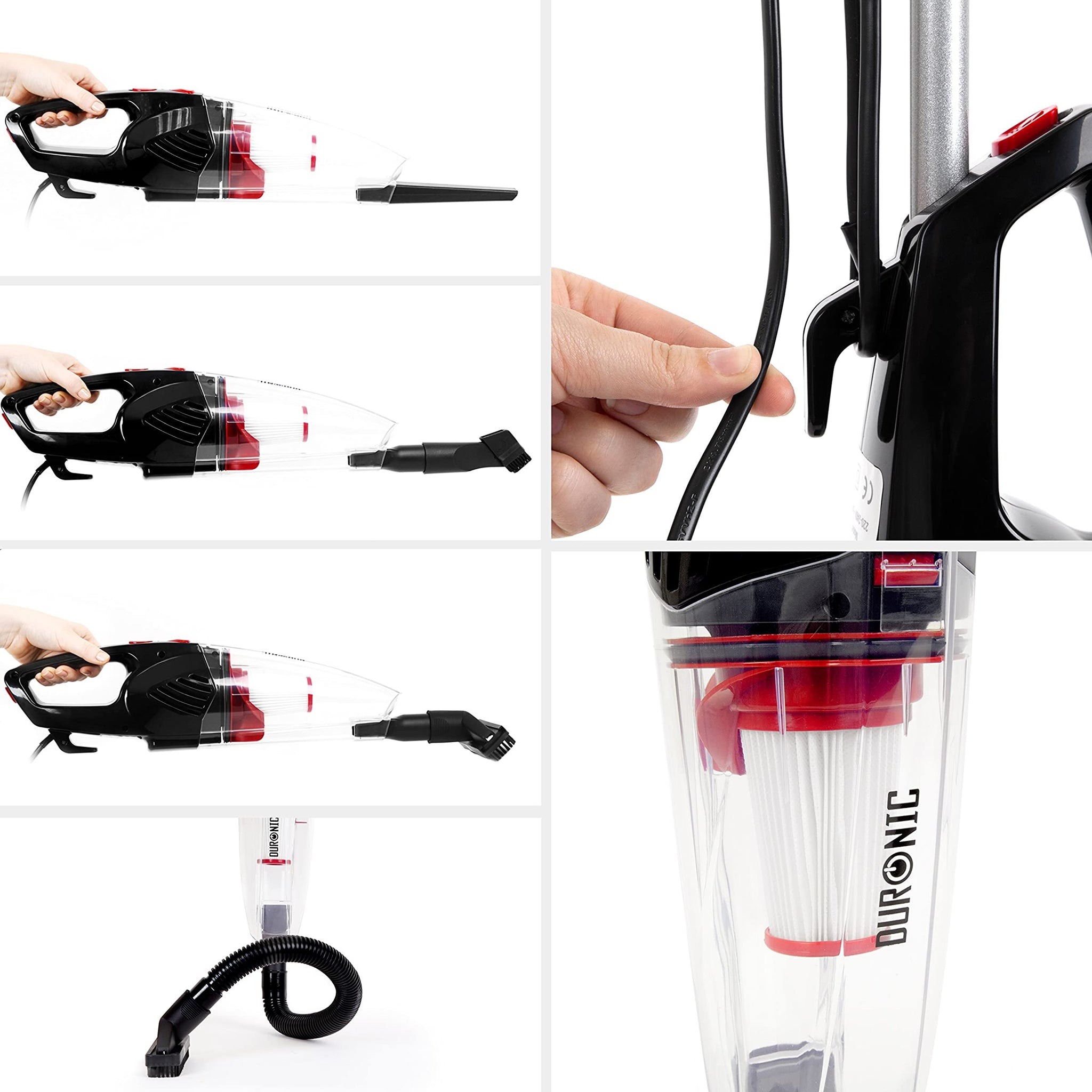 Mehrere Ansichten eines schwarz-roten Handstaubsaugers mit Zubehör.