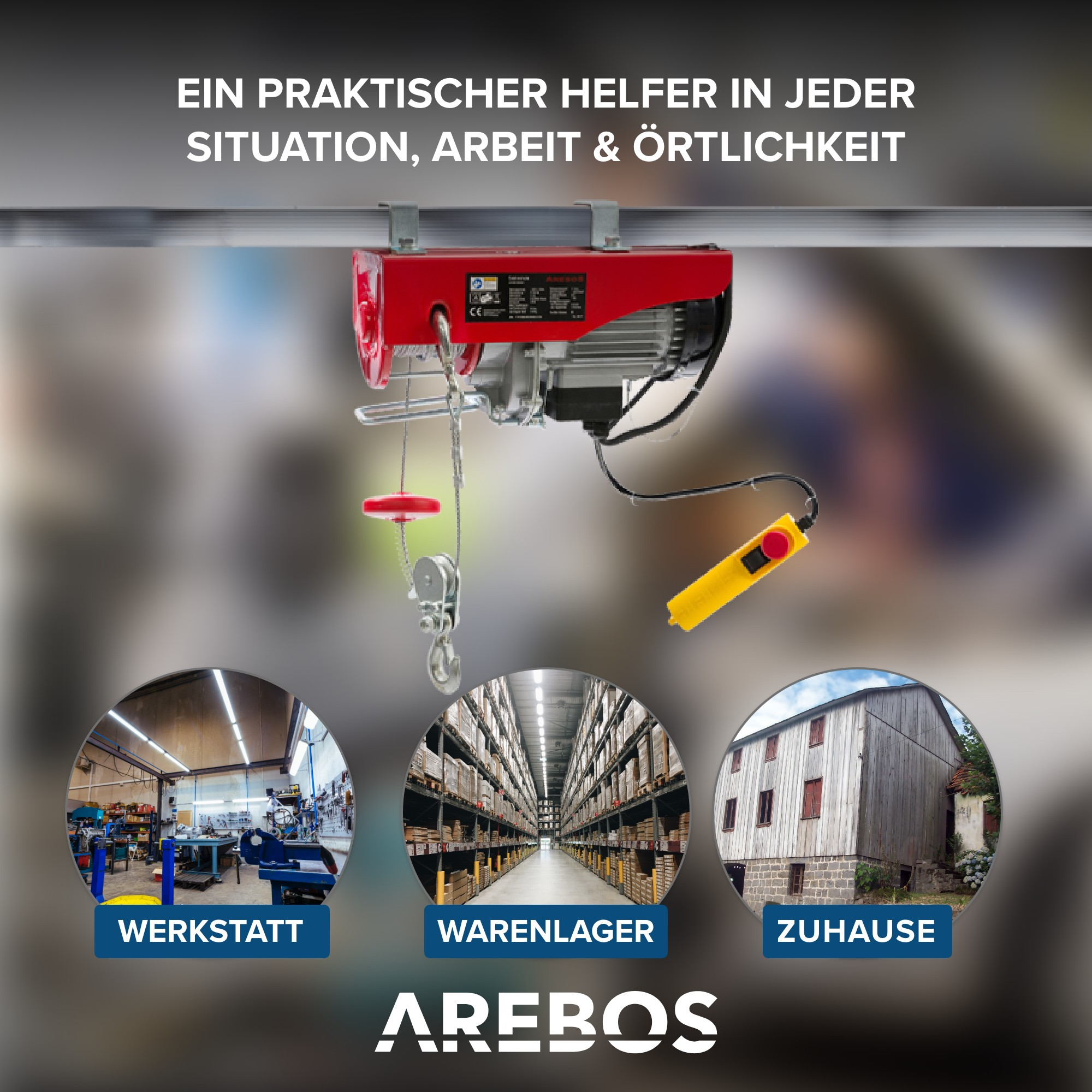 Roter elektrischer Hebezug mit gelber Steuerung. Das Bild hat drei Kreise mit zugehörigen Bildern darin.