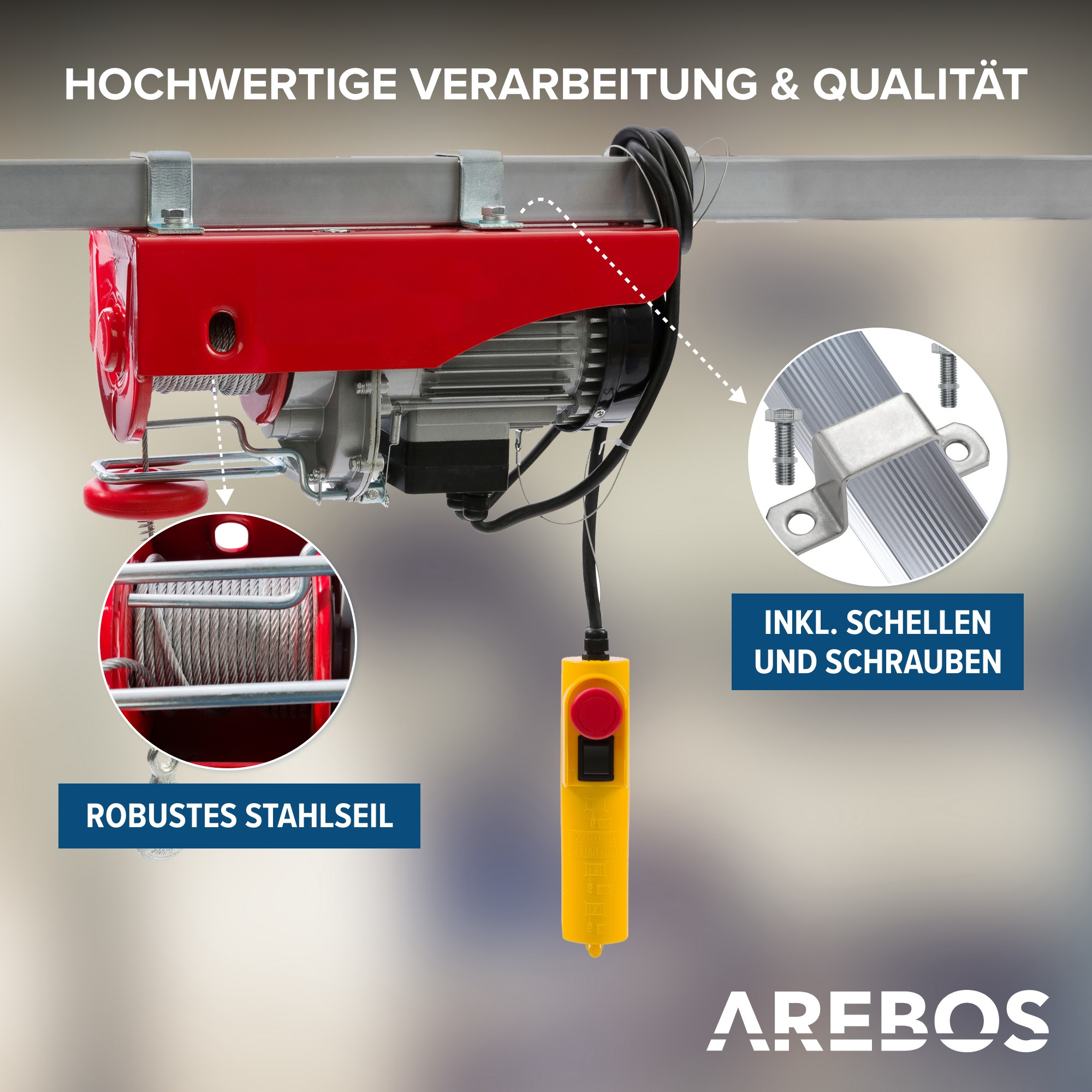 Ein roter Elektro-Hebezug mit Stahlseil, gelbem Steuerkasten und Nahaufnahmen von Details.