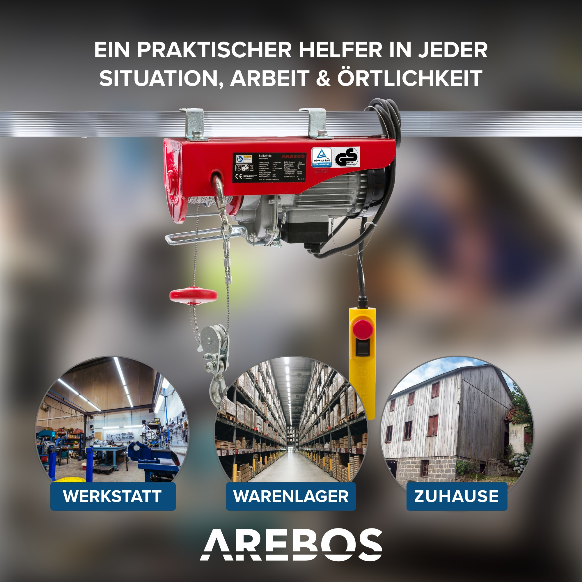 Roter und silberner Hebezeug mit drei Szenen: Werkstatt, Lager, Zuhause, Text.