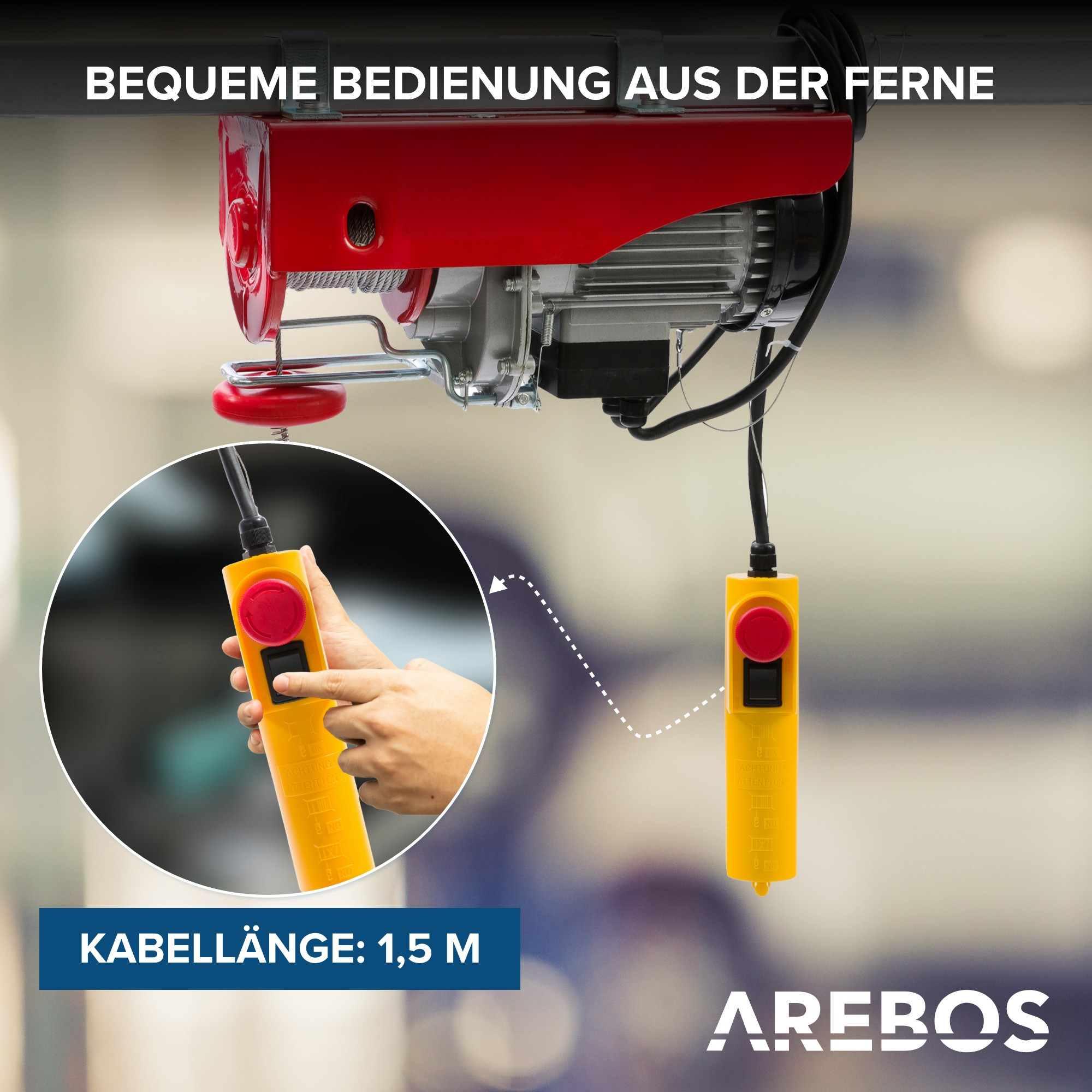 Gelbe Fernbedienung für einen Elektro-Hebezug. Gelbe und rote Elemente.