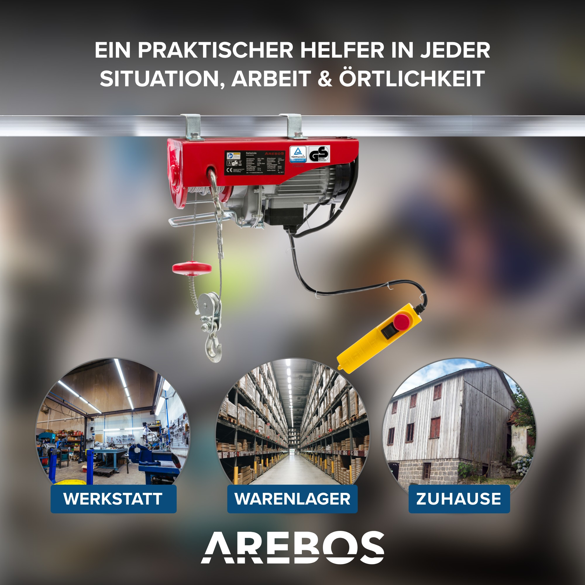 Ein roter Elektro-Hebezug mit gelber Steuerung und drei Szenen-Icons darunter.