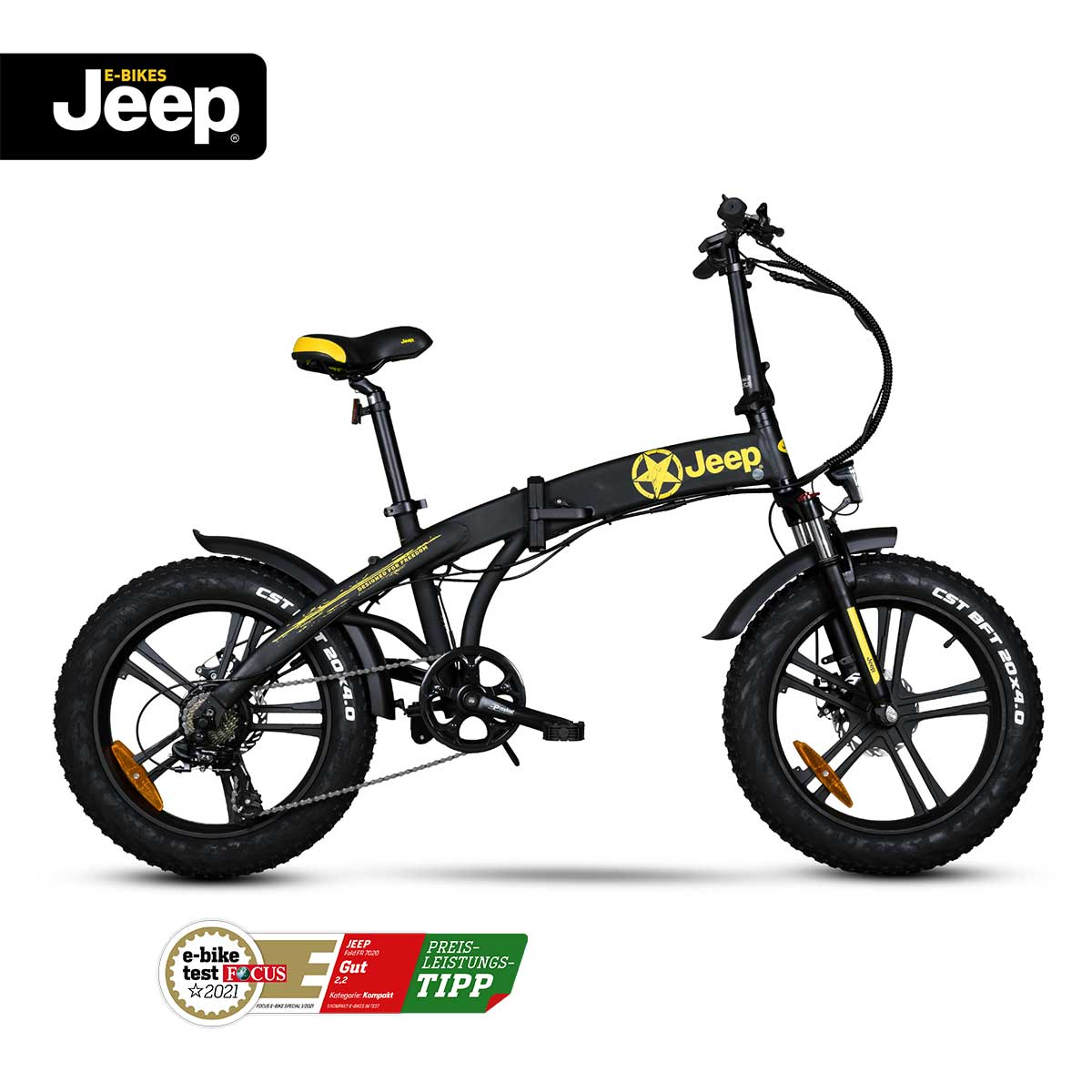 JEEP E-BIKES Jeep Fold FAT black 20 20“ Kompakt-/Faltrad (Laufradgröße: Wh, 7020, Kompaktrad, Kettenschaltung, FR black) 7-Gang E-Bike Zoll, Falt-E-Bike, 378 Erwachsene-Rad