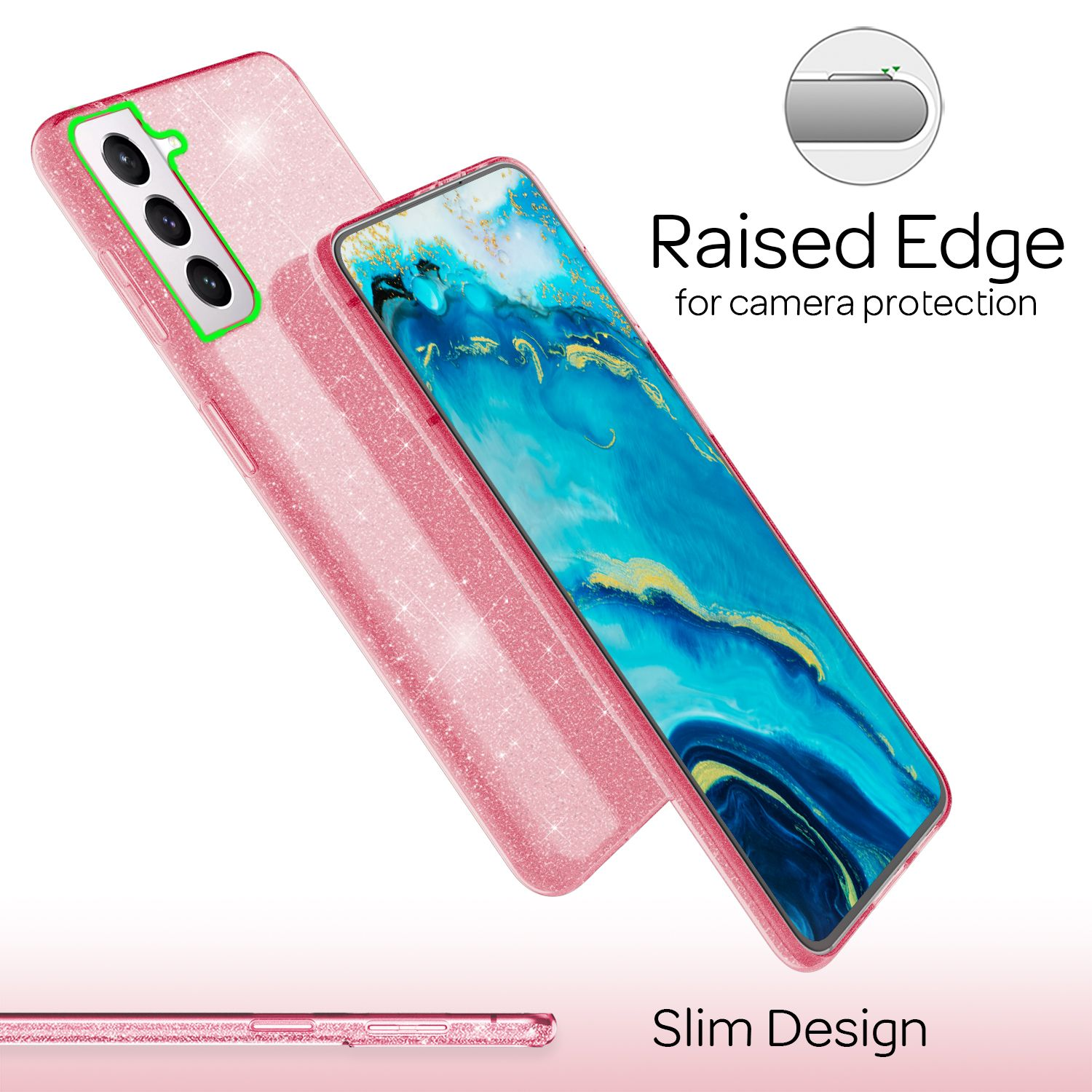 Custodia rosa per telefono con telefono. Bordo rialzato per la protezione della fotocamera e design sottile.