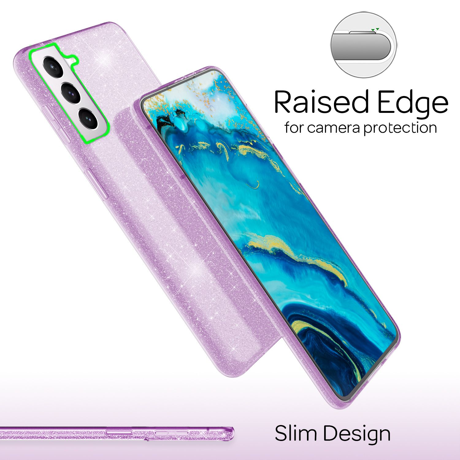 Una custodia per telefono viola con un design scintillante e un telefono con sfondo blu.