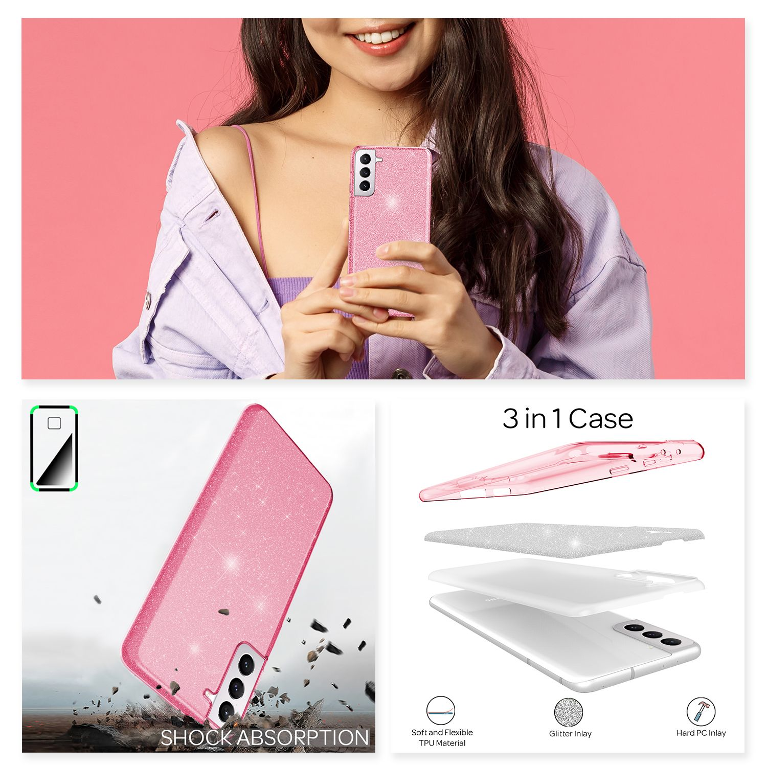 Custodia rosa per telefono. Testo sull'assorbimento degli urti e custodia 3 in 1.