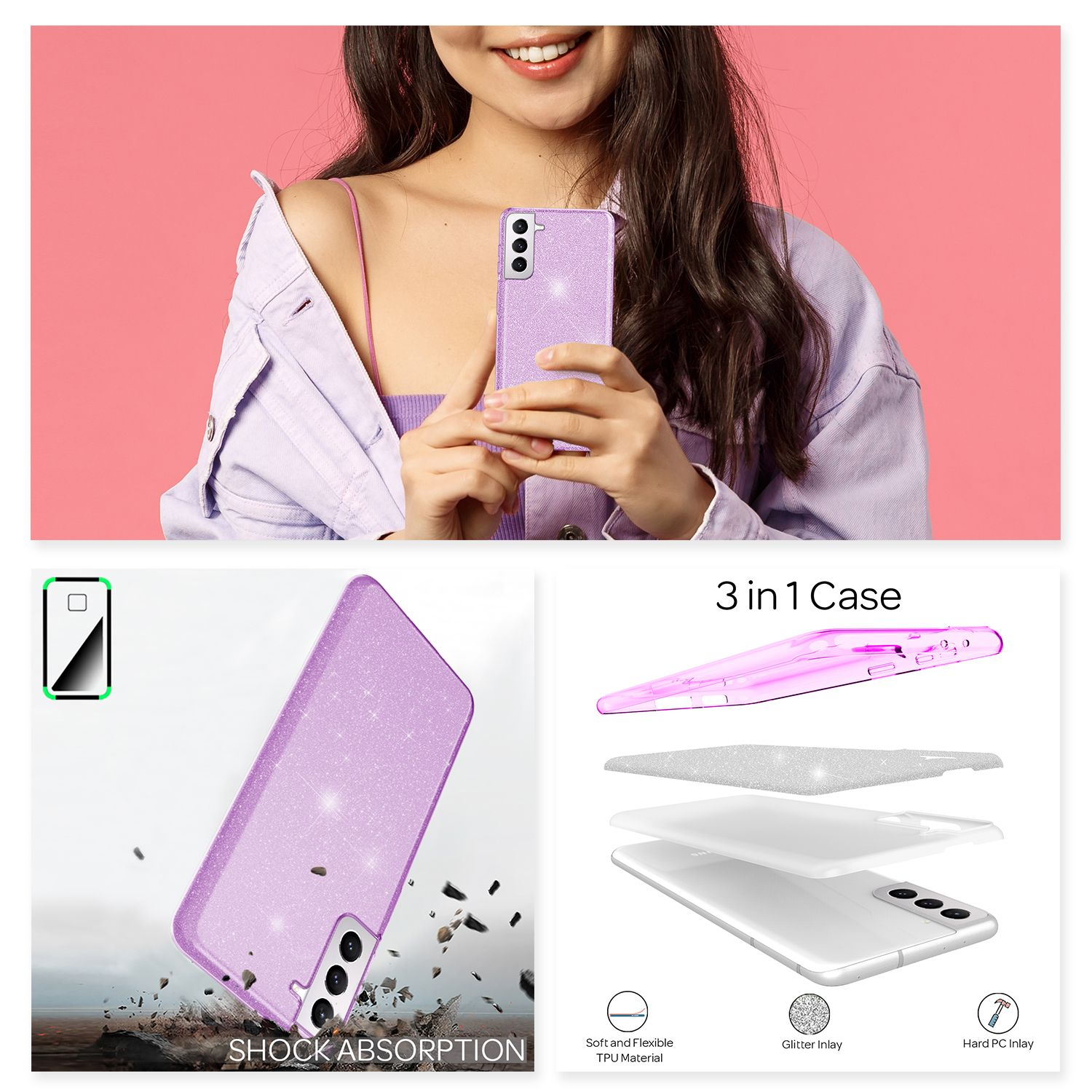 Donna che tiene una custodia per telefono viola glitterata, mostrandola in diverse viste. Sfondo bianco.