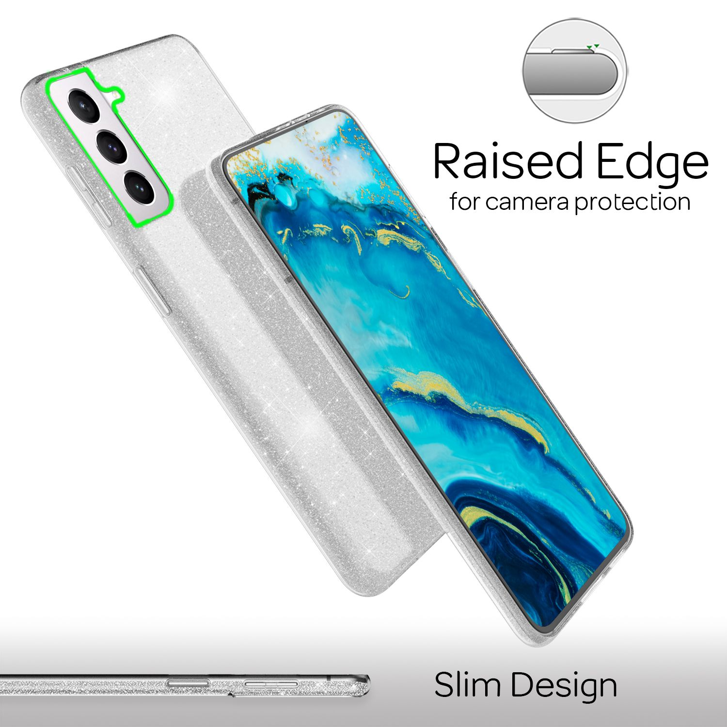 Custodia per telefono argentata con motivo glitter argento, bordo rialzato e la scritta "Raised Edge".