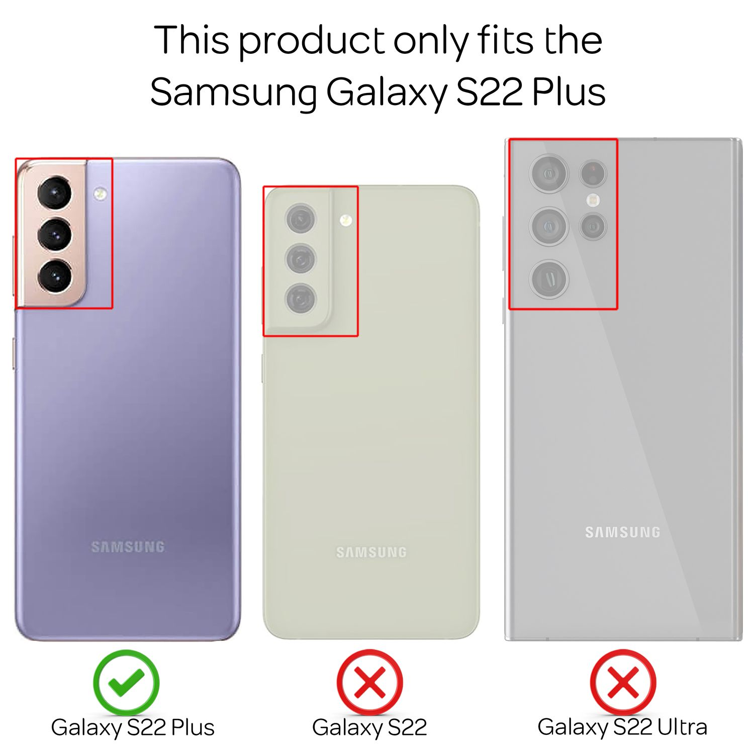 Tre telefoni Samsung Galaxy, con riquadri rossi attorno alle fotocamere e segni di spunta o X.