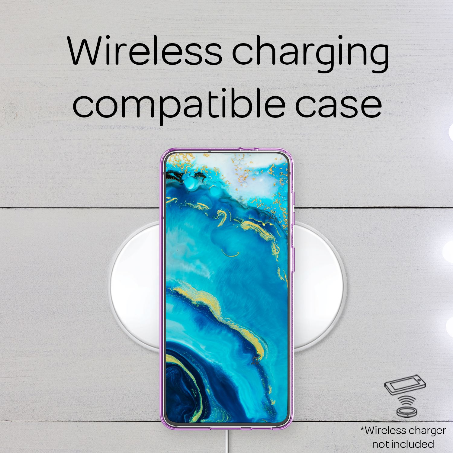 Un telefono su un caricatore wireless bianco. Il testo dice che è una custodia compatibile con la ricarica wireless.