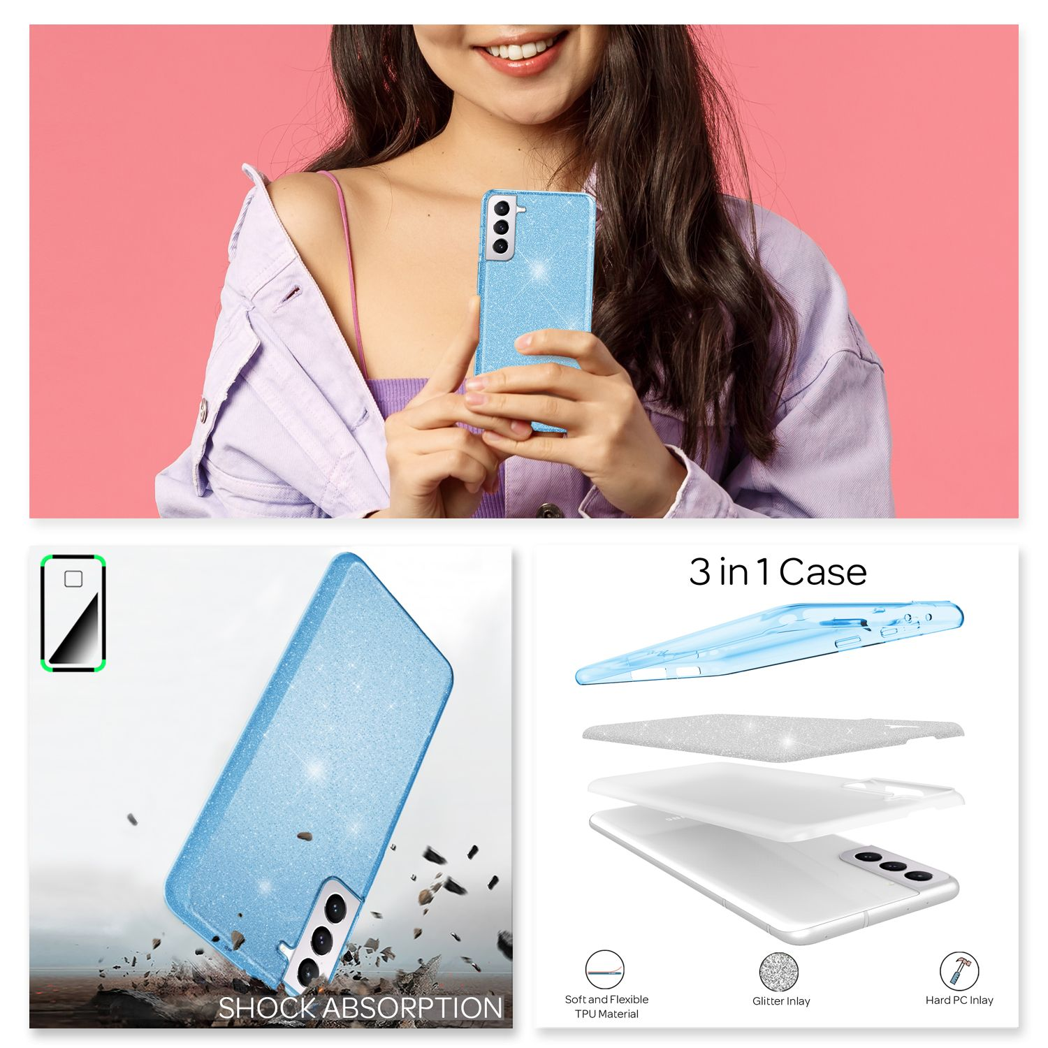Donna che tiene una custodia per telefono glitterata blu, presentazione del prodotto.