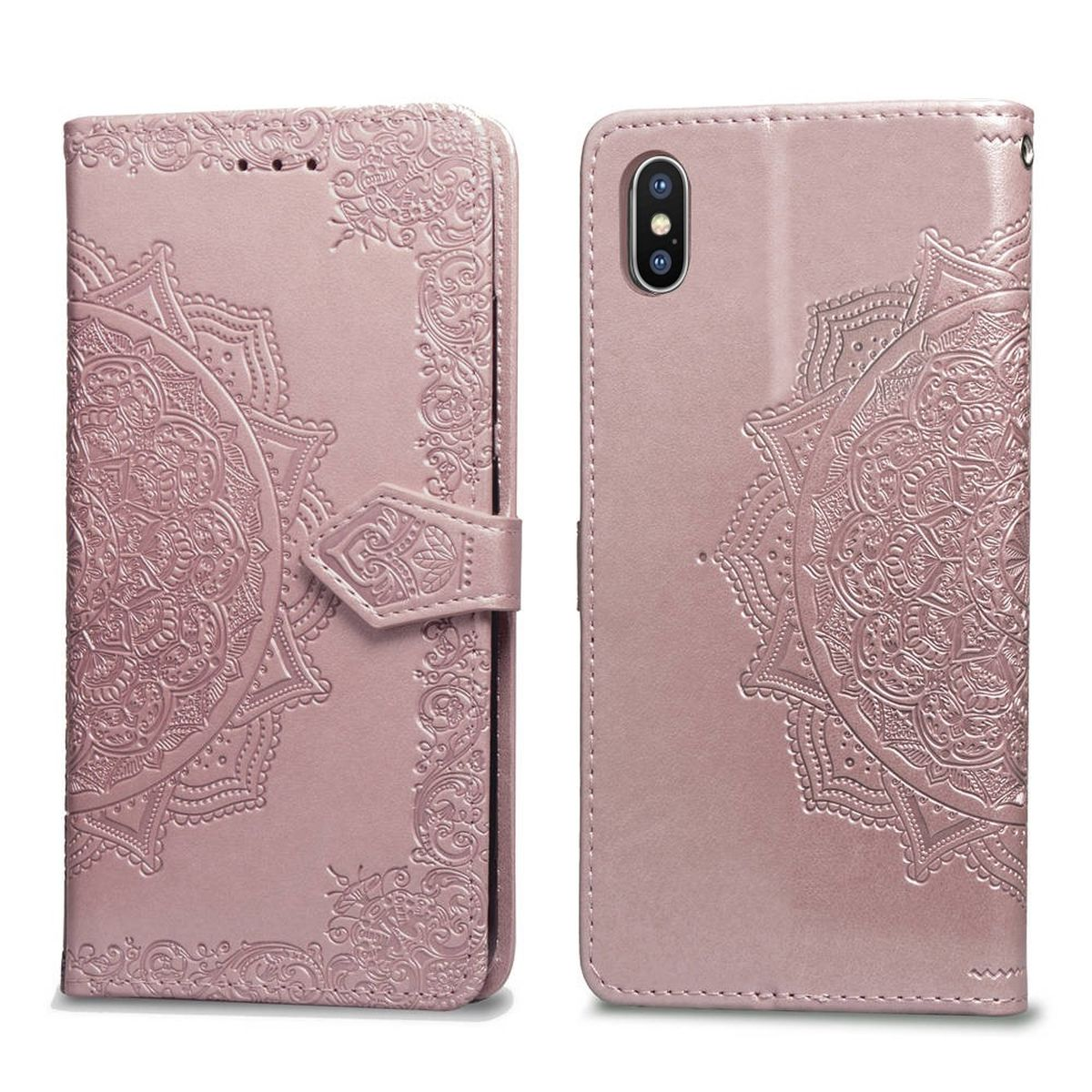 Rosegold Muster, Xs iPhone Klapphülle Max, mit COVERKINGZ Mandala Bookcover, Apple,