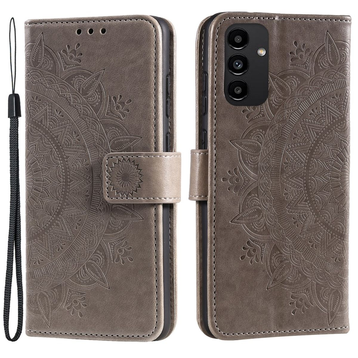 Lederne Handyhülle mit geprägtem Mandala-Design. Magnetverschluss und Handschlaufe.