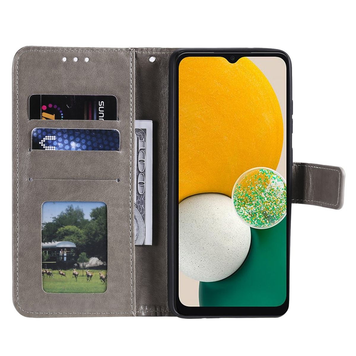 Graues Handy-Brieftaschenetui mit Kartenfächern, Fotofenster und Geldscheinfach.