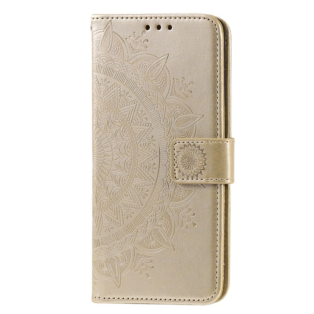 Eine goldene Handyhülle mit Mandala-Design und Magnetverschluss.