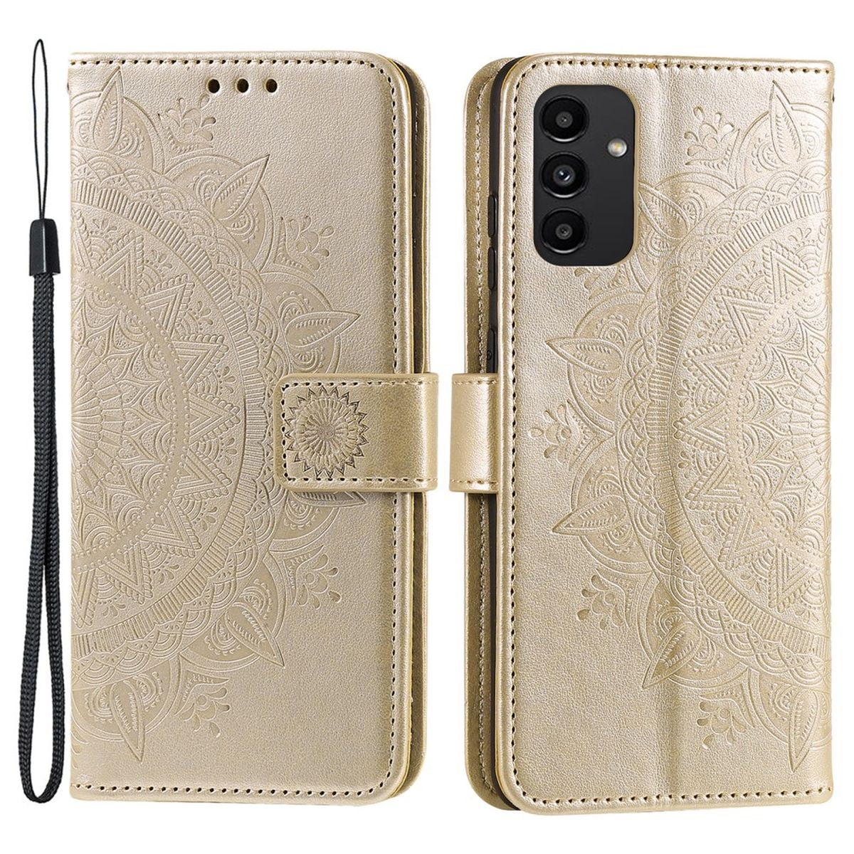 Eine goldene Handyhülle mit Mandala-Design und Handschlaufe.