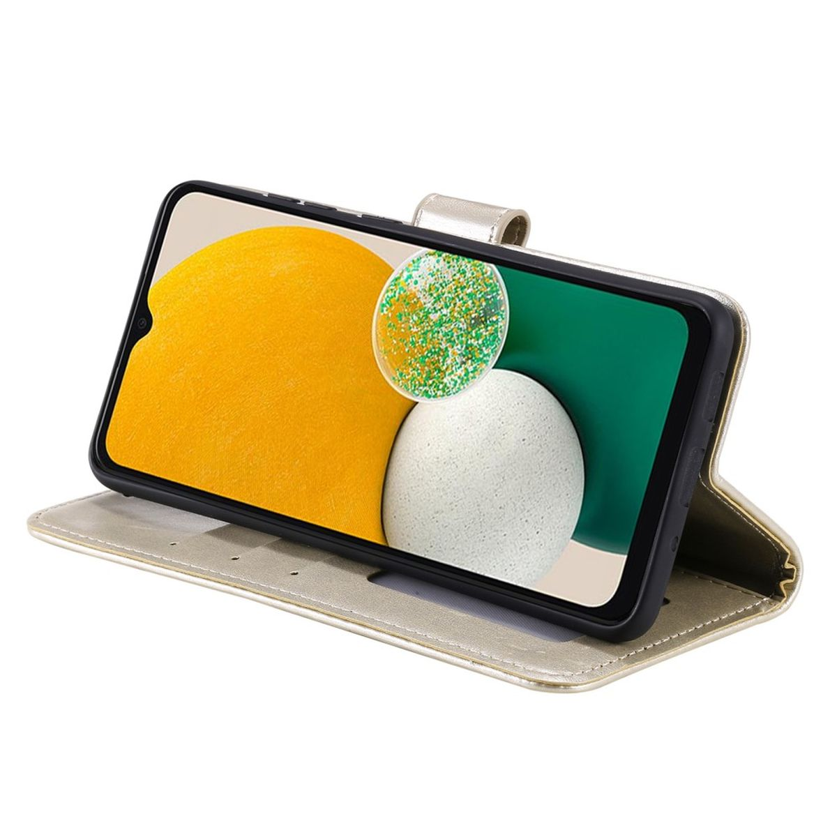 Goldene Handyhülle, offen, mit Telefon. Display zeigt abstrakte gelbe und grüne Formen.