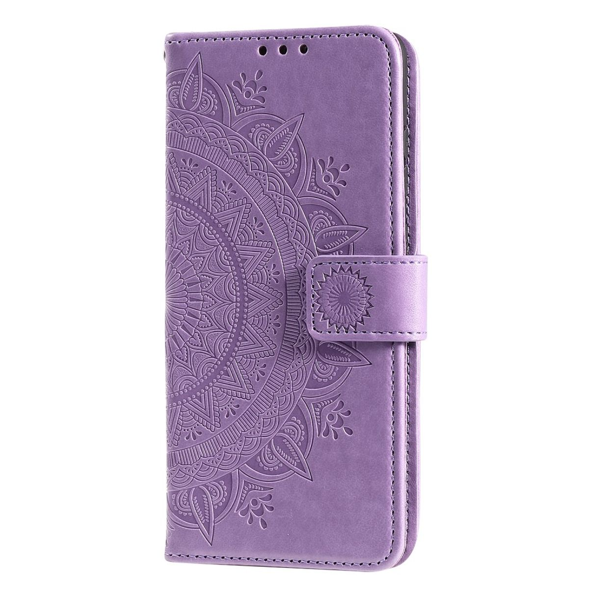 Lila Handy-Brieftasche mit Mandala-Design. Weißer Hintergrund.