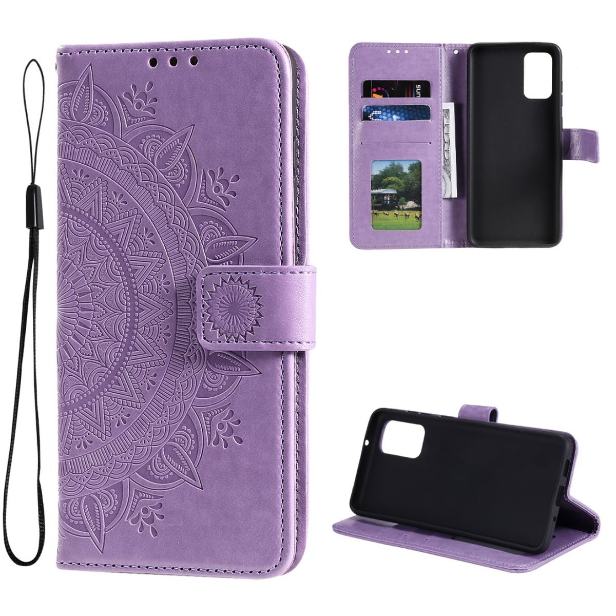 Eine lila Handyhülle mit Mandala-Design. Sie ist geöffnet und zeigt Kartenfächer und ein Telefon mit Kamera.