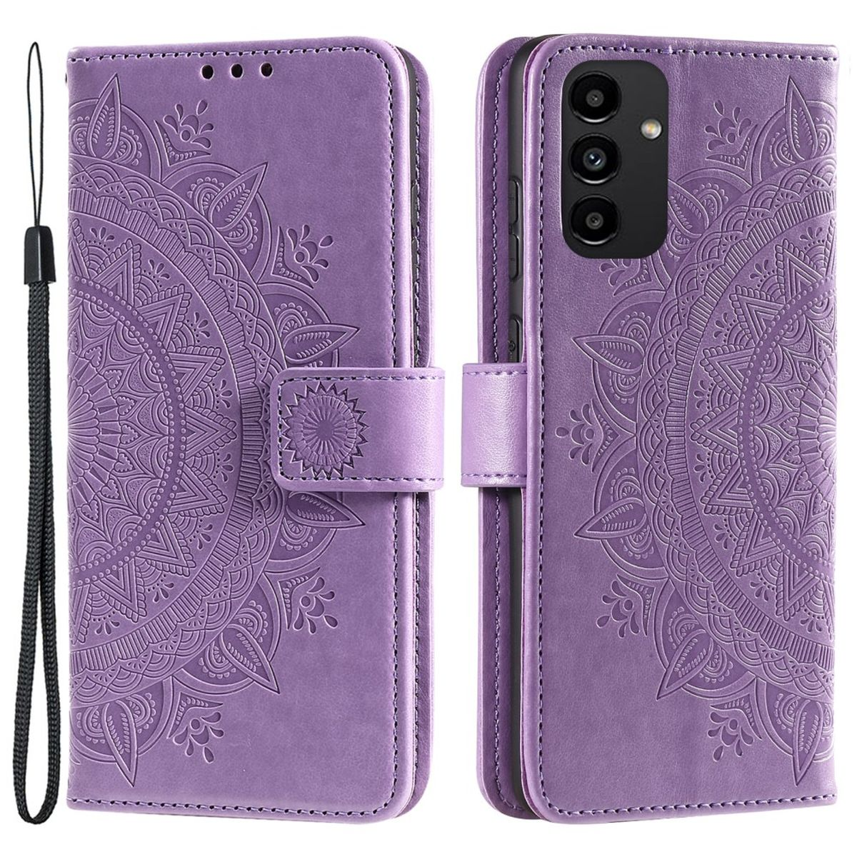 Lila Leder-Handyhülle mit Mandala-Design, offen und geschlossen. Weißer Hintergrund.