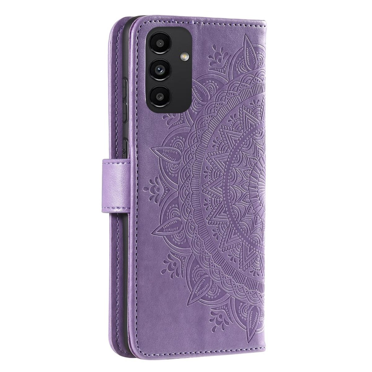 Eine lila Handyhülle mit Mandala-Design, verschlossen mit Magnetverschluss.