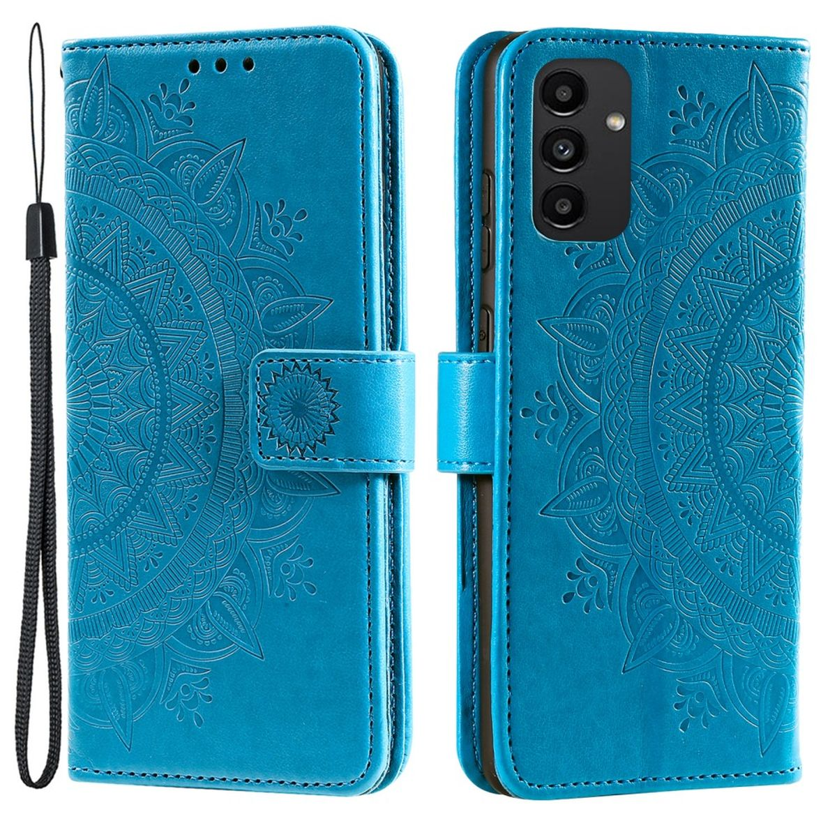 Blaue Handyhülle mit Mandala-Design, offen und geschlossen, mit Handschlaufe.