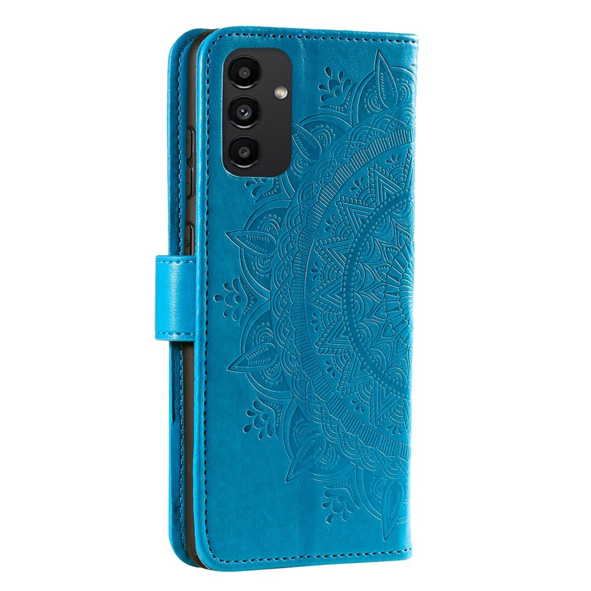 Blaue Handyhülle mit Mandala-Design. Die Hülle ist offen und zeigt das Telefon.