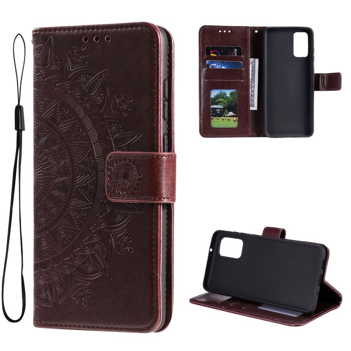 Eine braune Handyhülle mit Muster, geöffnet, um Kartenfächer und ein Telefon zu zeigen.