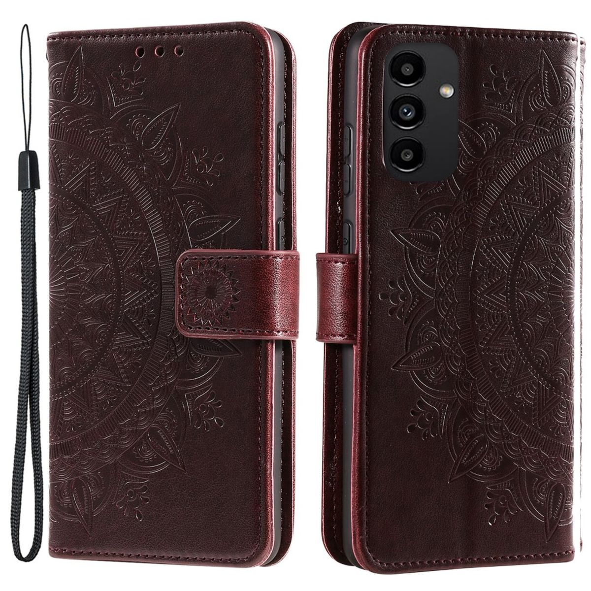 Eine Handyhülle, geöffnet, mit floralem Design auf dem Cover und dem Telefon darin.