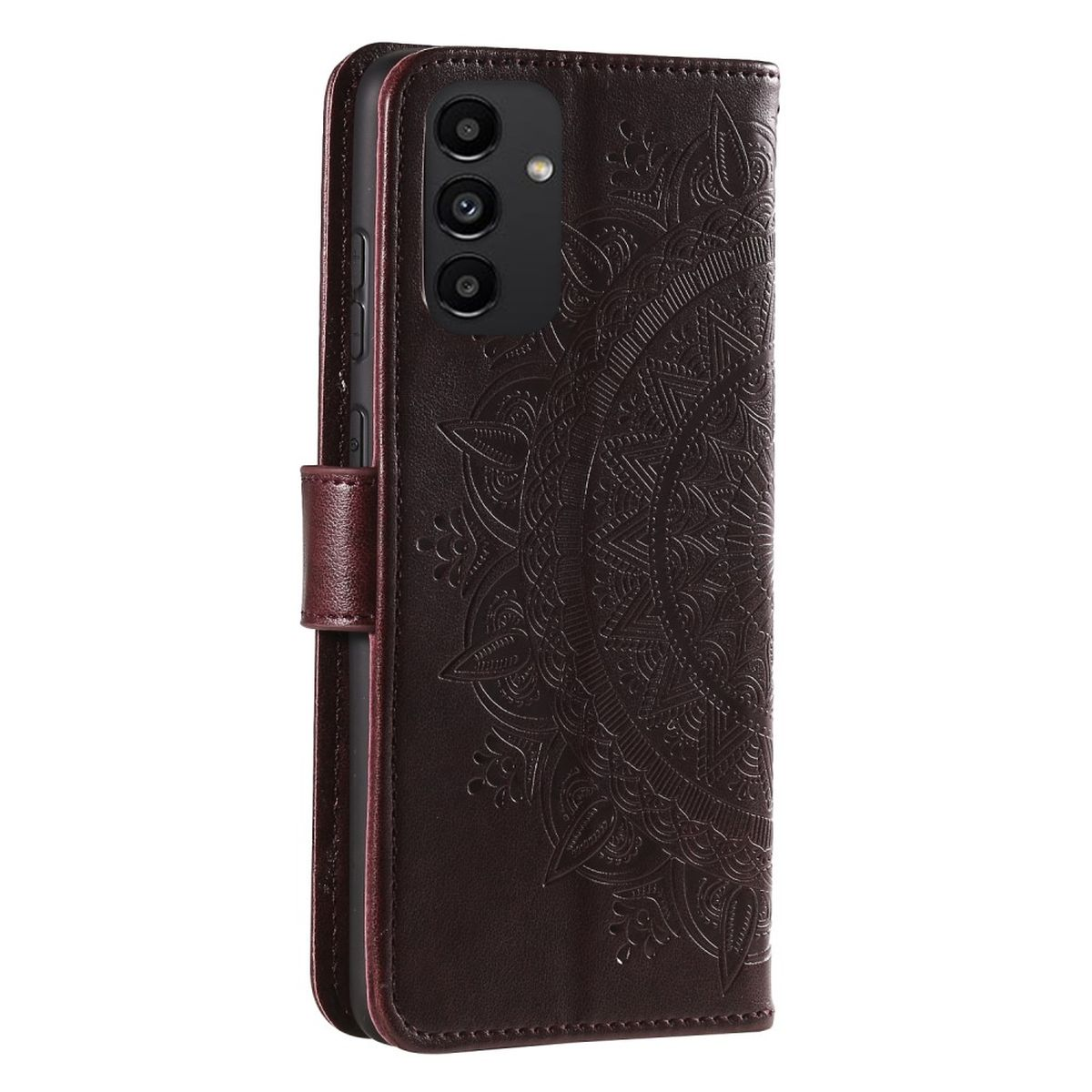 Dunkelbraune Handyhülle mit Mandala-Design, geöffnet, um das Telefon zu zeigen.