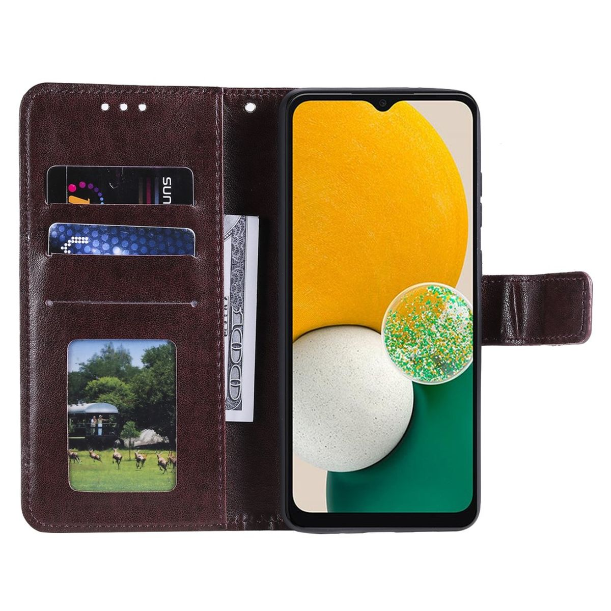 Eine braune Handyhülle mit Fächern für Karten und Geld. Das Telefon zeigt einen bunten Hintergrund.