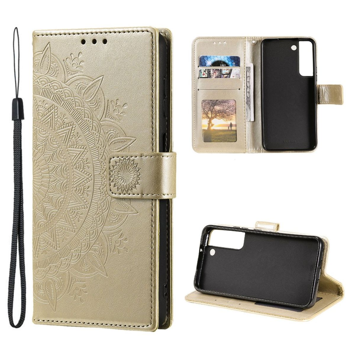 Goldene Handyhülle mit Mandala-Design und Riemen. Es hat ein Telefon und Karten im Inneren.