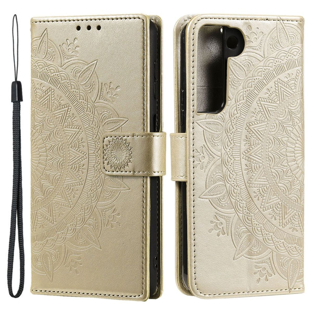 Goldene Handyhülle mit Mandala-Design, zwei Seiten offen. Schwarzer Riemen an der Seite.
