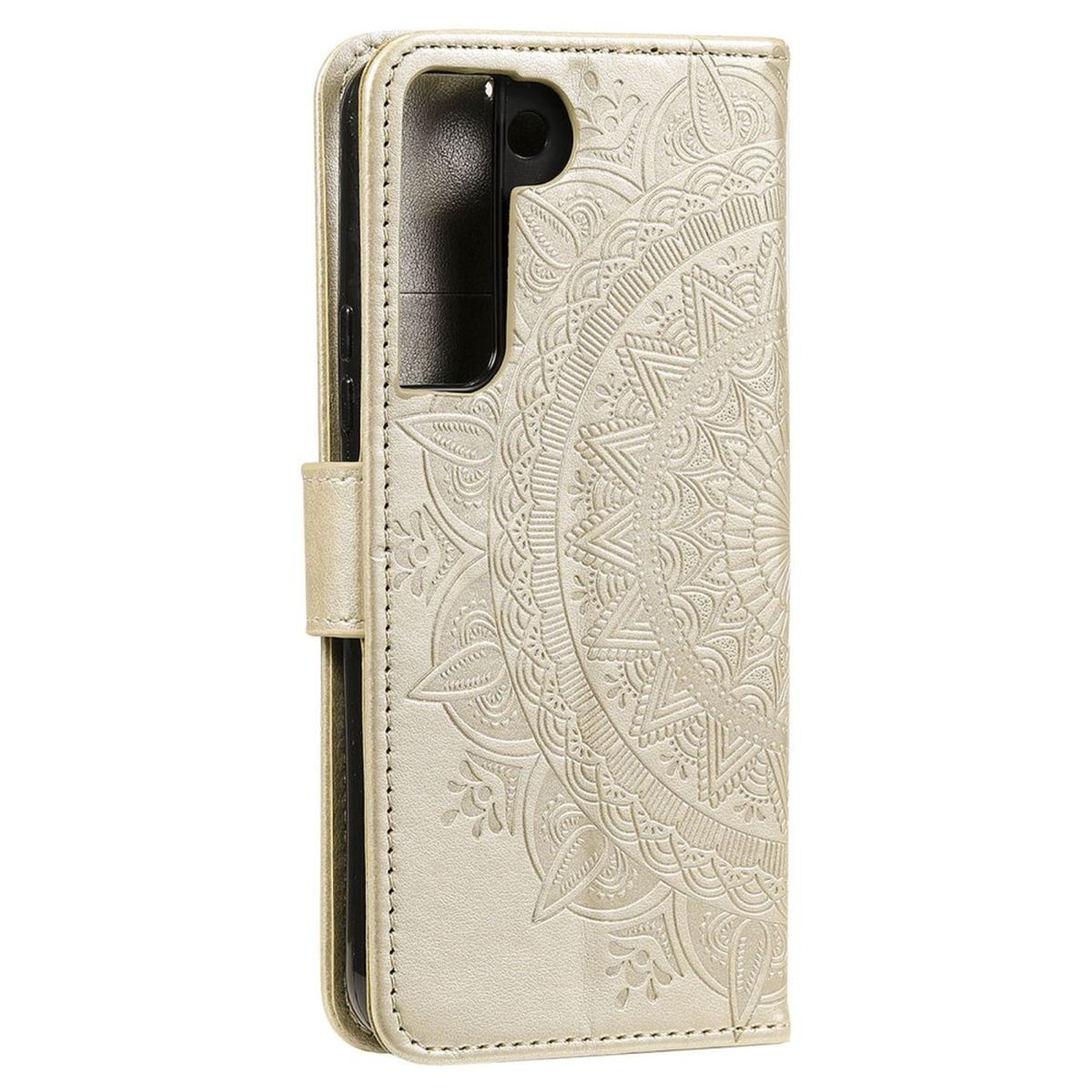 Eine goldfarbene Handyhülle mit Mandala-Design. Die Hülle ist geschlossen und zeigt ein Telefon. Mit magnetischem Riemenverschluss.