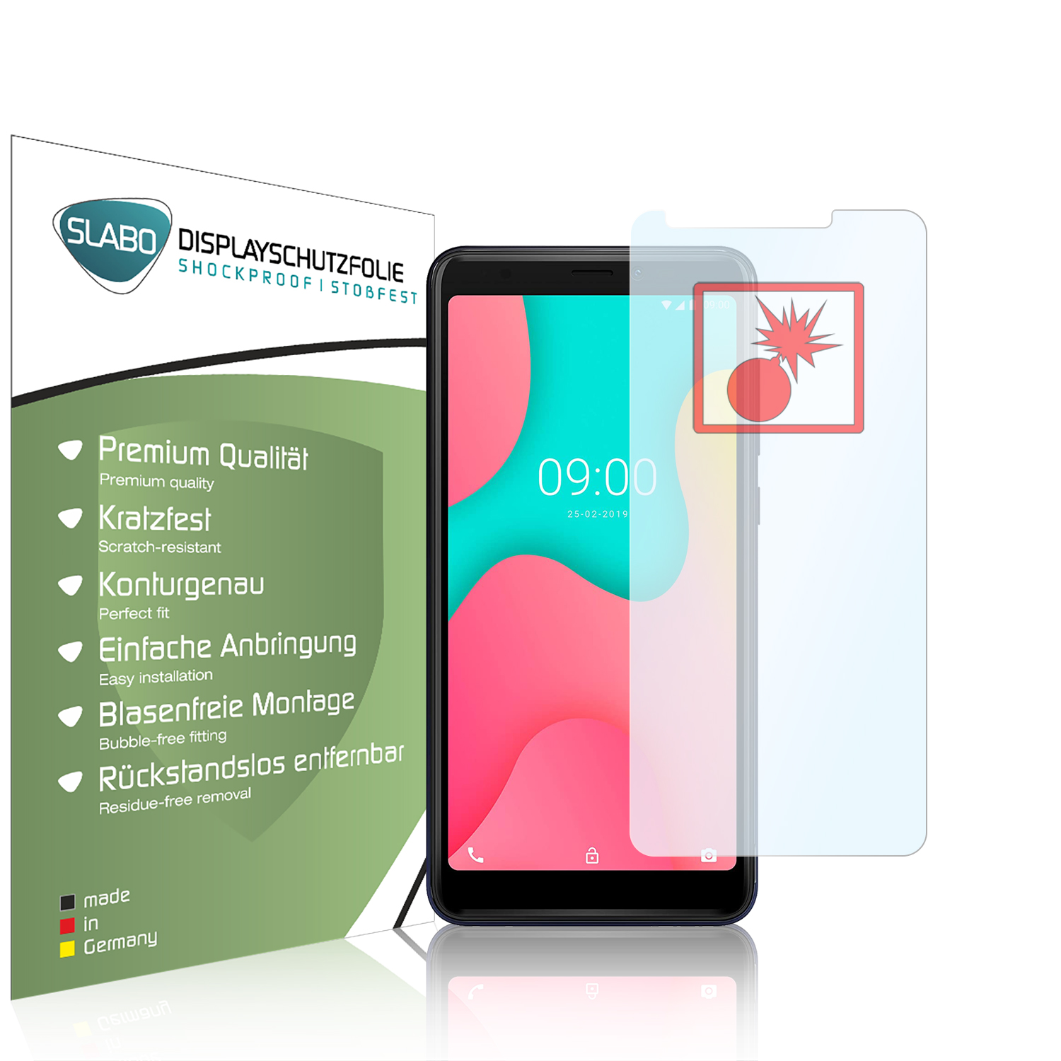 Ein Telefon mit Displayschutzfolie und Grafik, die eine Explosion auf dem Bildschirm zeigt.