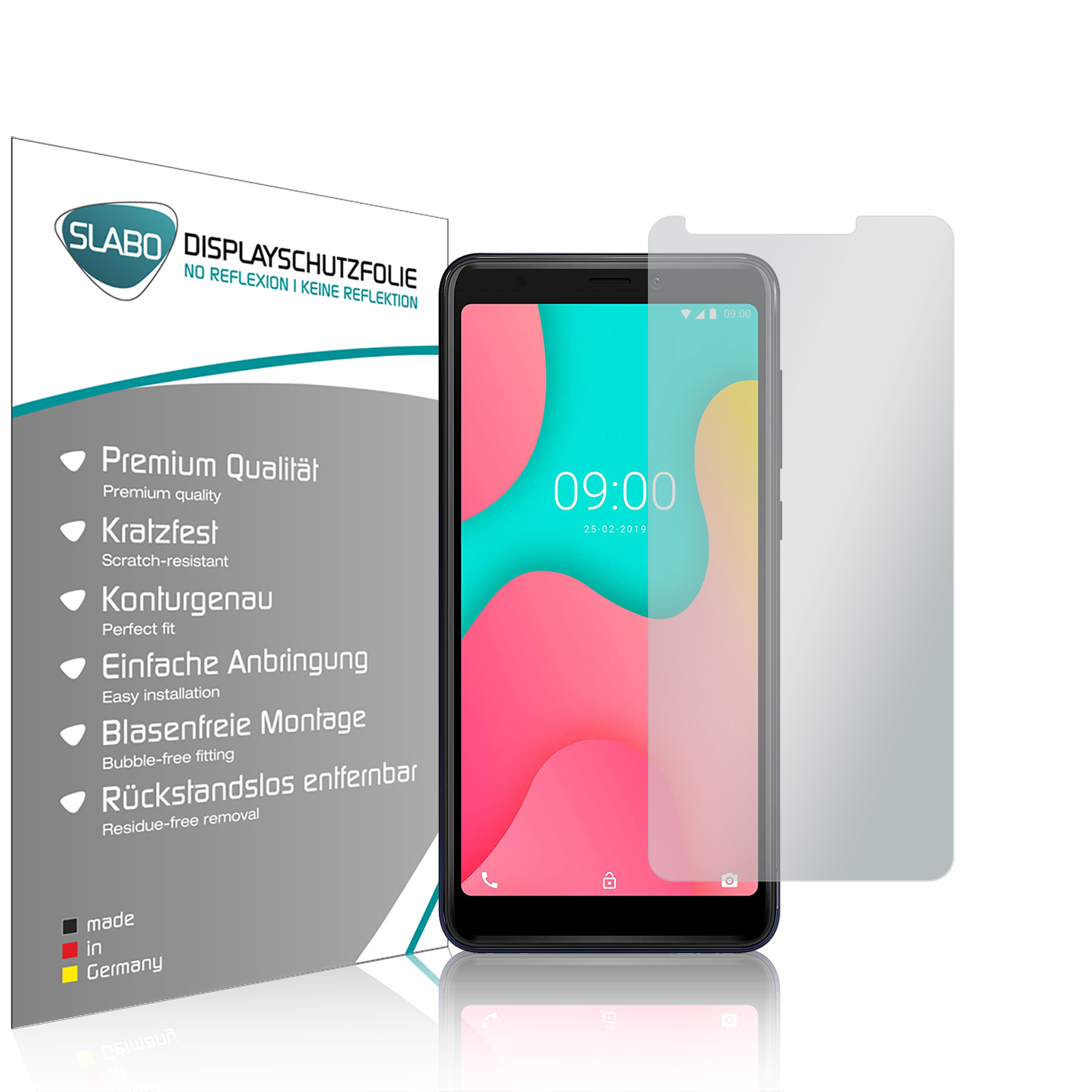 Telefon mit Displayschutzfolie und Verpackung. Merkmale sind Kratzfestigkeit und einfache Installation.