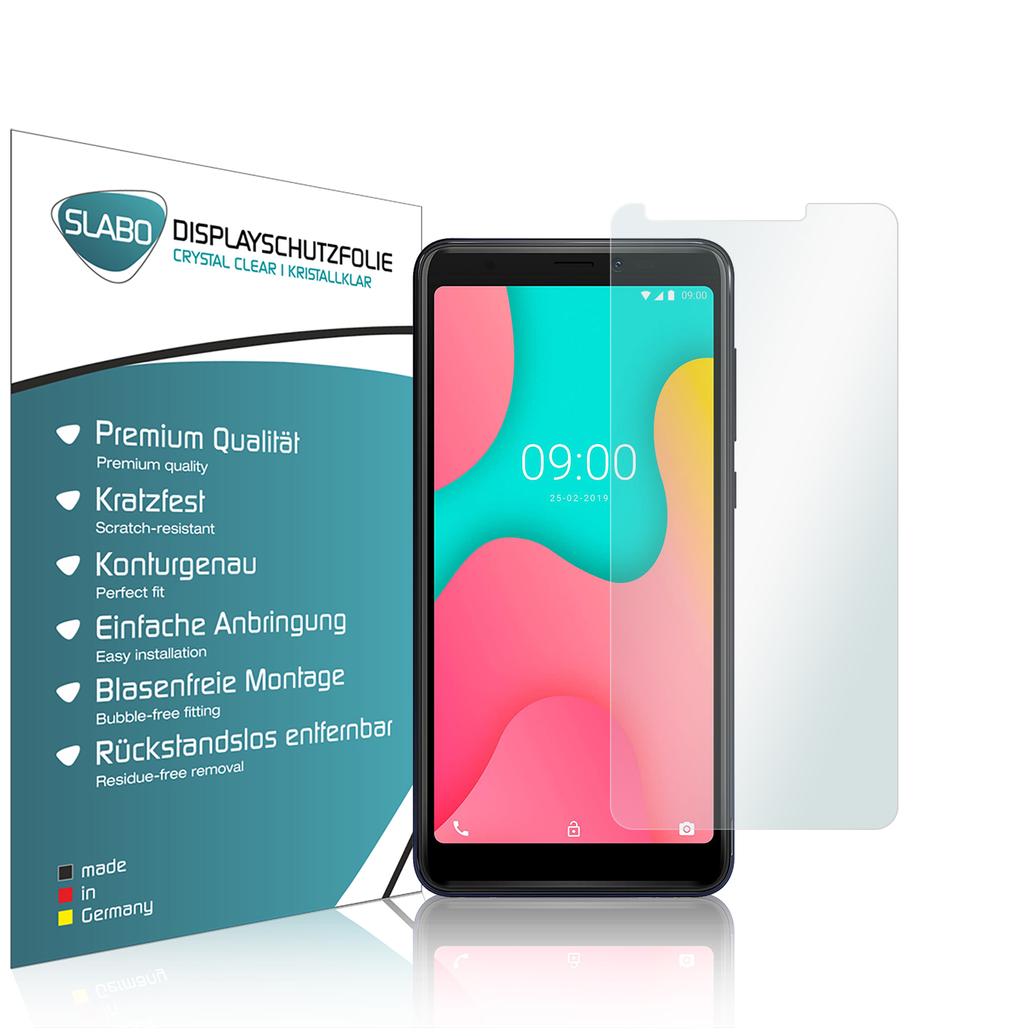Telefon mit Displayschutzfolie und Verpackung. Weißer Hintergrund.