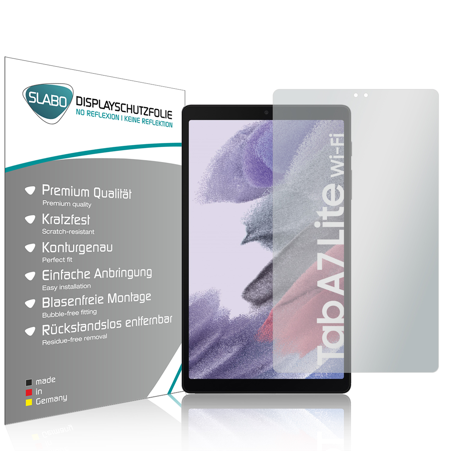 Tablet und Displayschutzfolienverpackung. Textdetails: Premiumqualität, kratzfest, perfekte Passform.