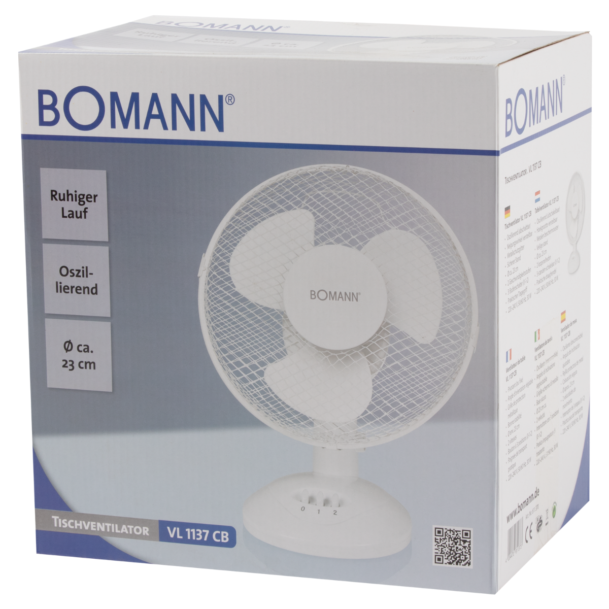 Biały wentylator stołowy w pudełku, z tekstem o cechach i marką 'BOMANN'.