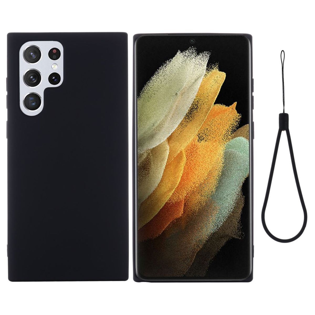 Zwei Telefone: eines mit schwarzer Hülle, das andere mit Display. Ein Handystrap ist ebenfalls sichtbar.