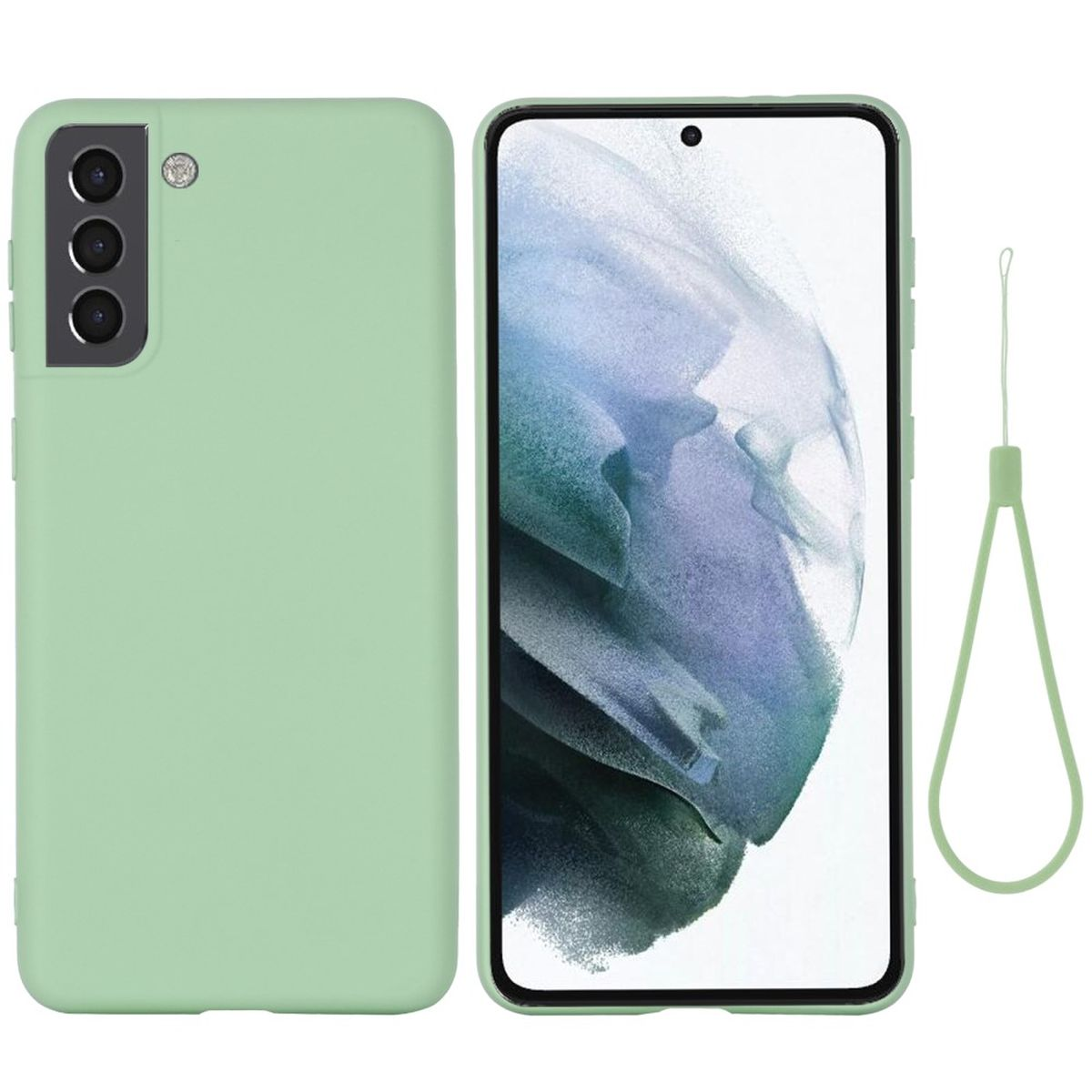 Eine mintgrüne Handyhülle und ein Smartphone mit Bildschirm und Lanyard.