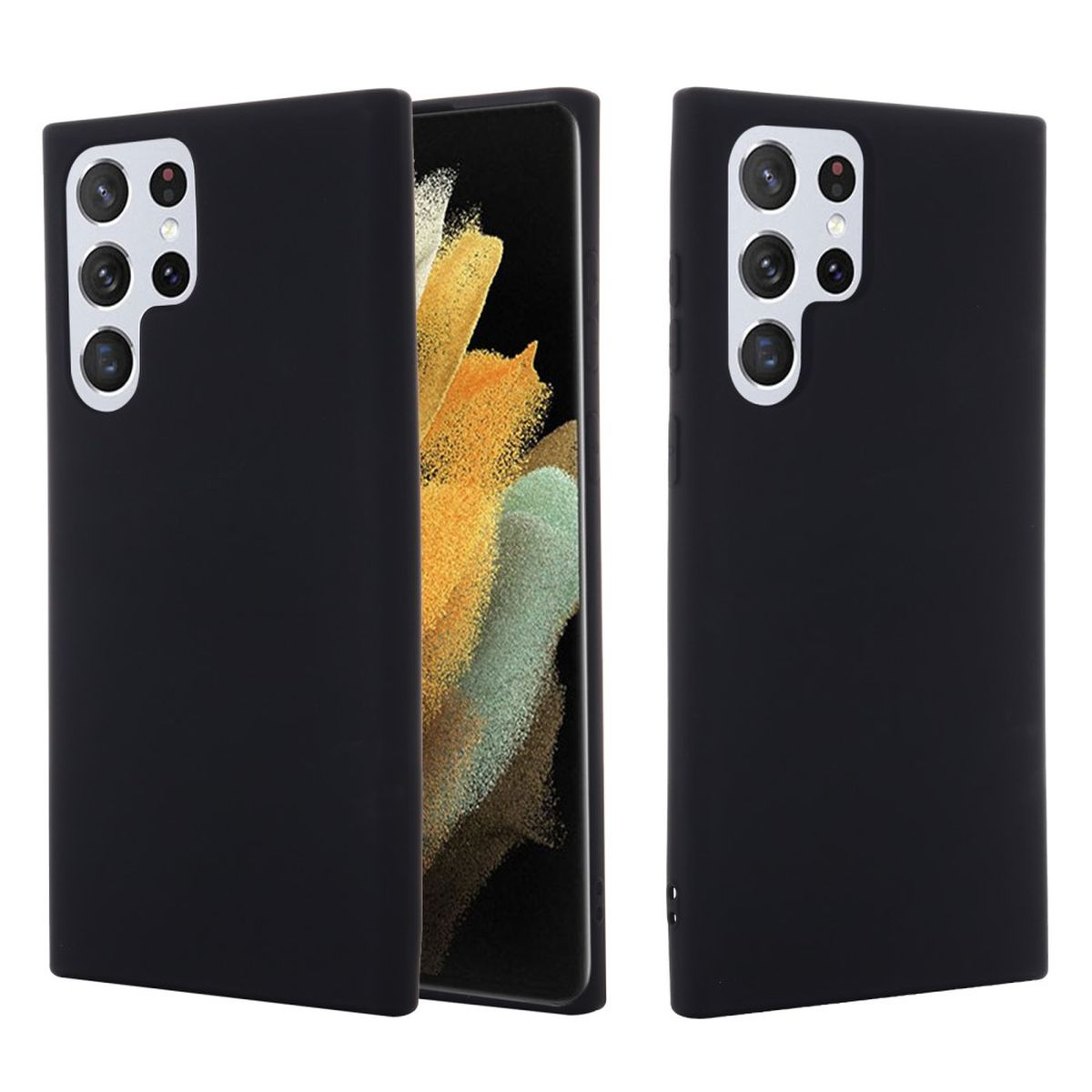 Zwei schwarze Handyhüllen nebeneinander. Das Telefon hat viele Kameras. Die Hüllen bedecken das Telefon.