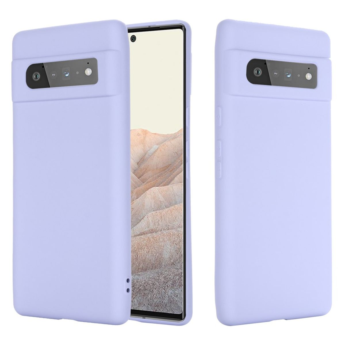 Set aus zwei hellvioletten Handyhüllen, die Vorder- und Rückseite zeigen.