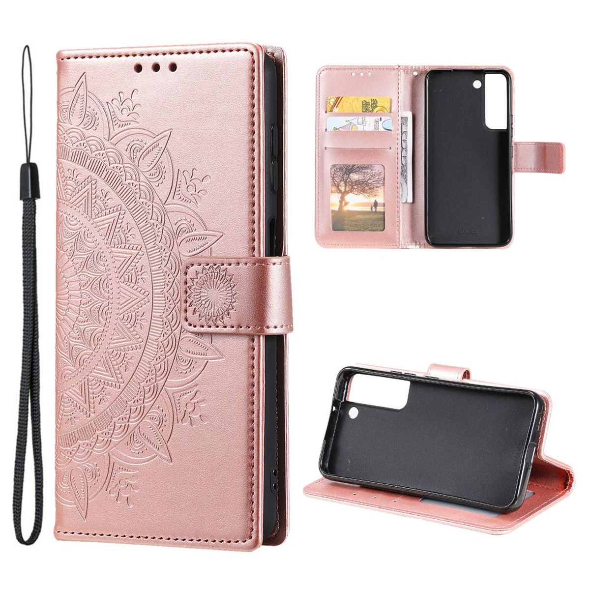 Eine roségoldene Handy-Geldbörsenhülle. Sie hat ein florales Design und einen Riemen. Sie ist offen.