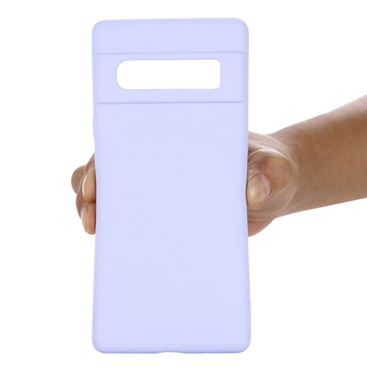Eine hellviolette Handyhülle, die von einer Hand gehalten wird. Die Hülle ist rechteckig.