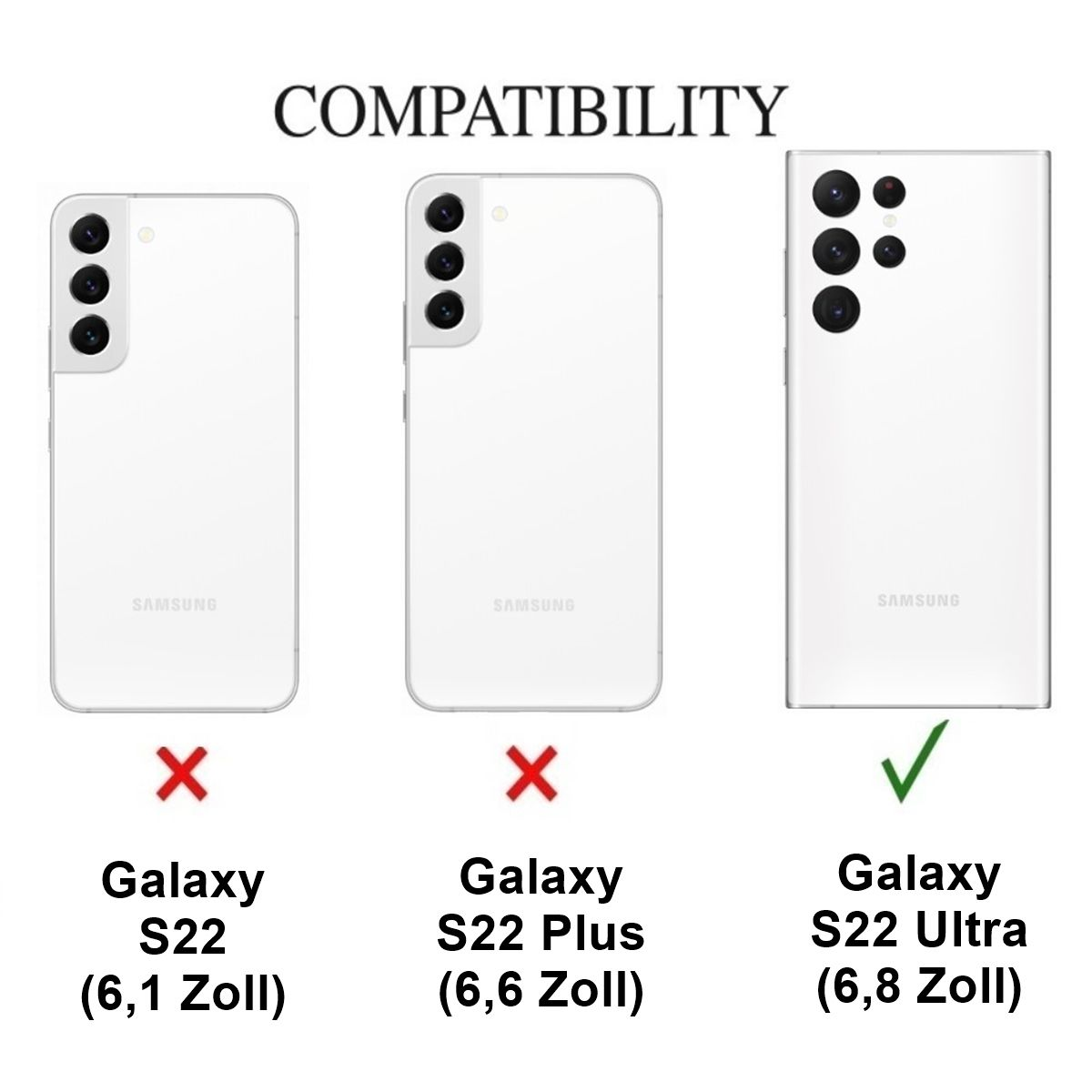 Vergleich weißer Telefone: S22, S22 Plus (rotes X), S22 Ultra (grünes Häkchen) mit Größenangaben.