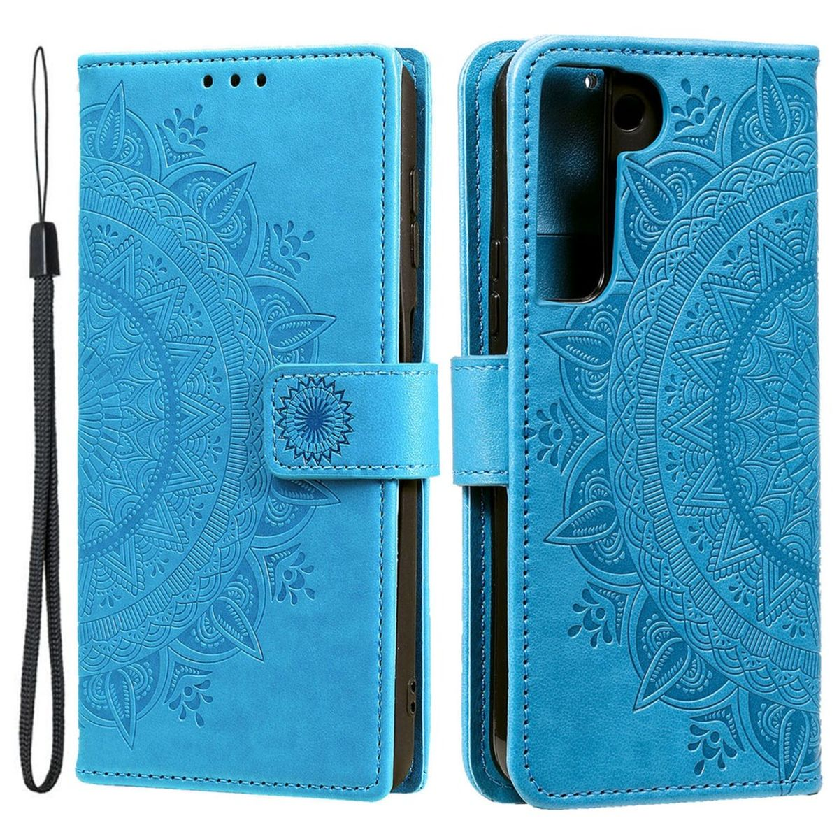 Blaue Handyhülle, mit Mandala-Design verziert, offen mit einem Telefon darin. Weißer Hintergrund.