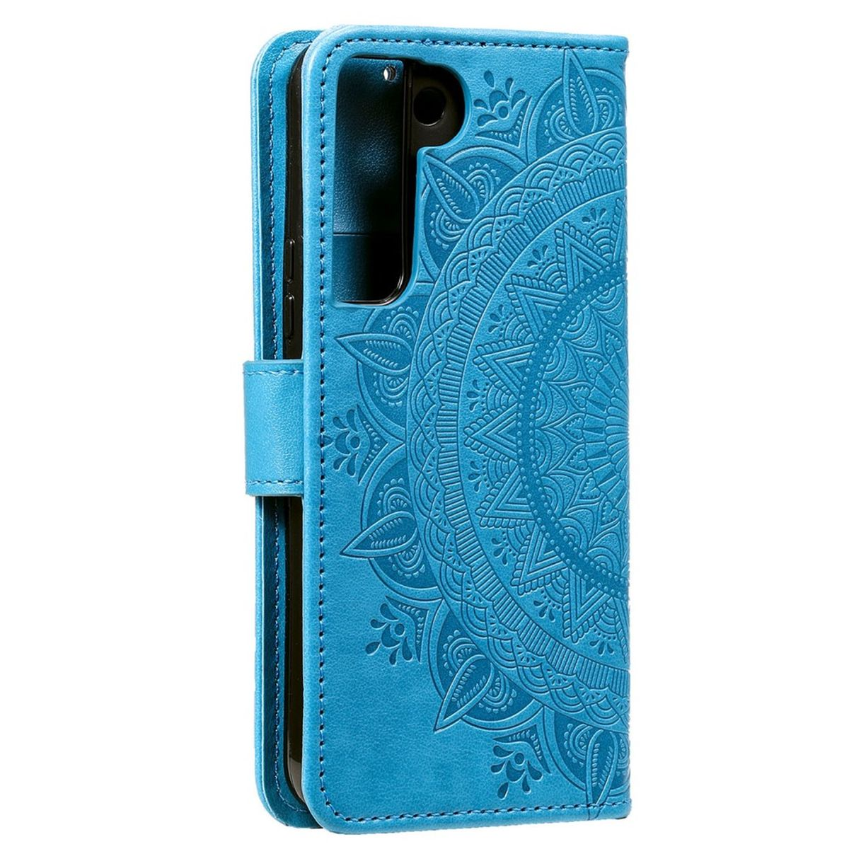 Eine blaue Handyhülle wird mit weißem Hintergrund angezeigt. Die Hülle hat ein Muster.