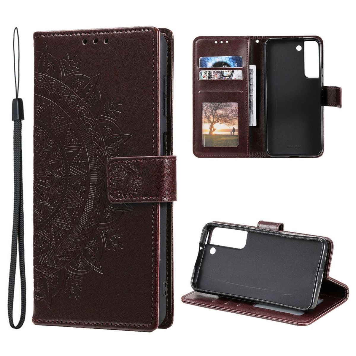 Braune Leder-Handyhülle mit Mandala-Design, mehreren Kartenfächern und offener Ansicht.